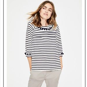 Boden Rosemary size 18 blue and white striped top with pom-poms
